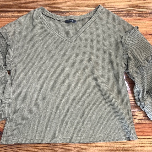 Olive Ruffle Sleeve Top - Picture 1 of 3
